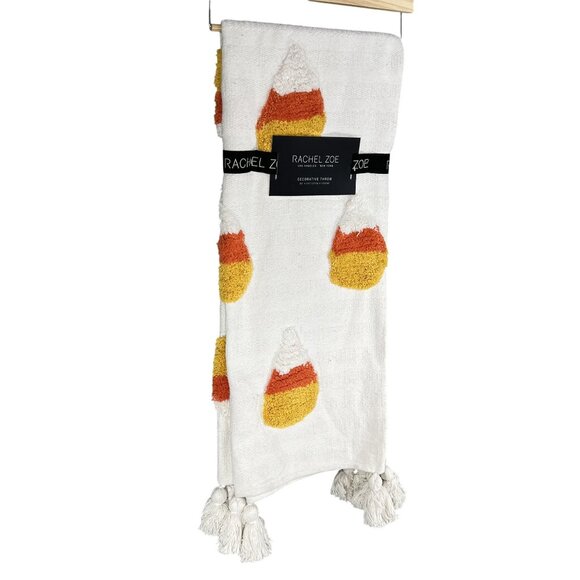 Rachel Zoe NWT Throw Blanket 50" X 60" Off White Tri Color 3D Candy Corn Tassels - Picture 1 of 9